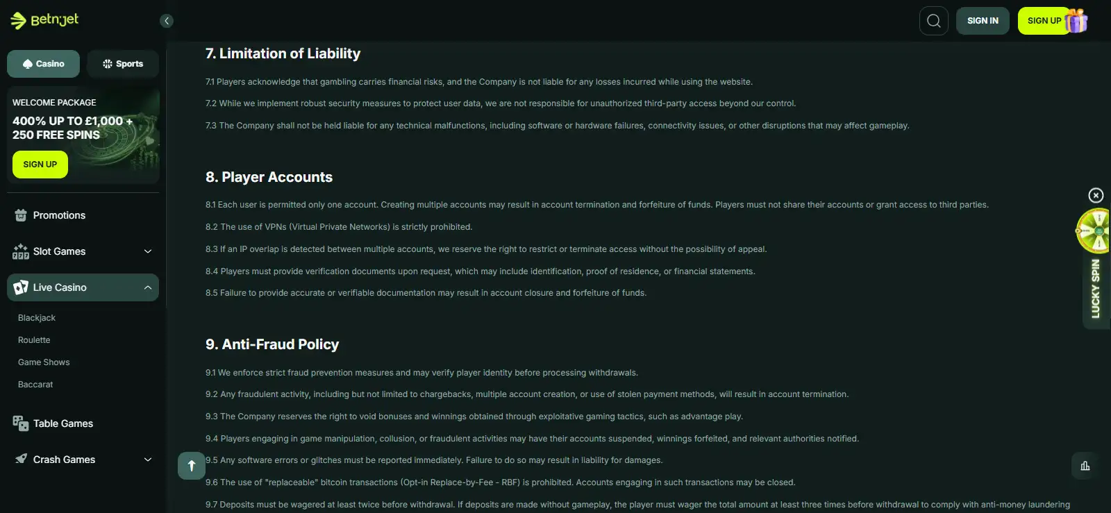 BetNjet privacy or verification section showing document requirements