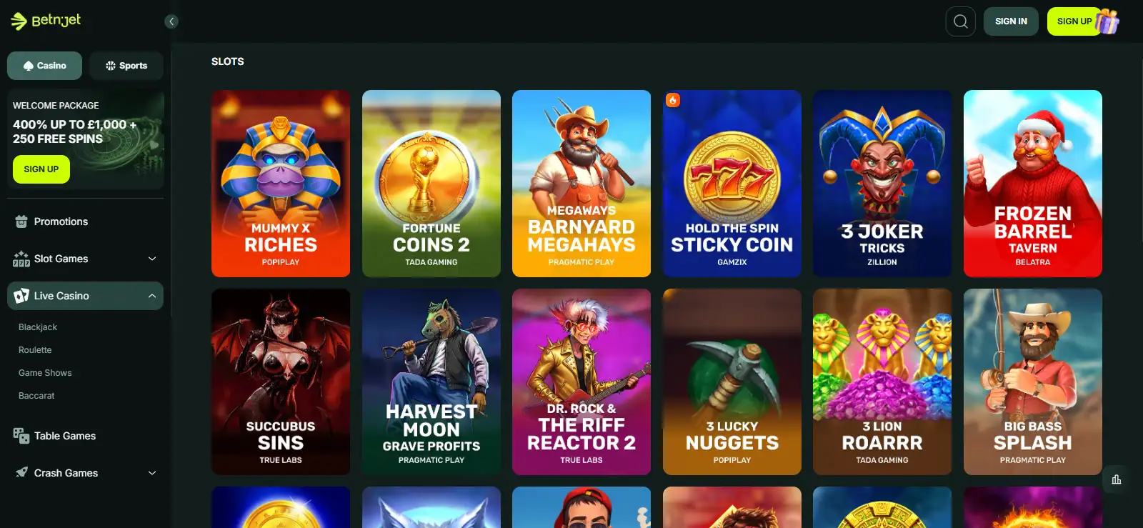BetNjet slots lobby with current titles and provider filters