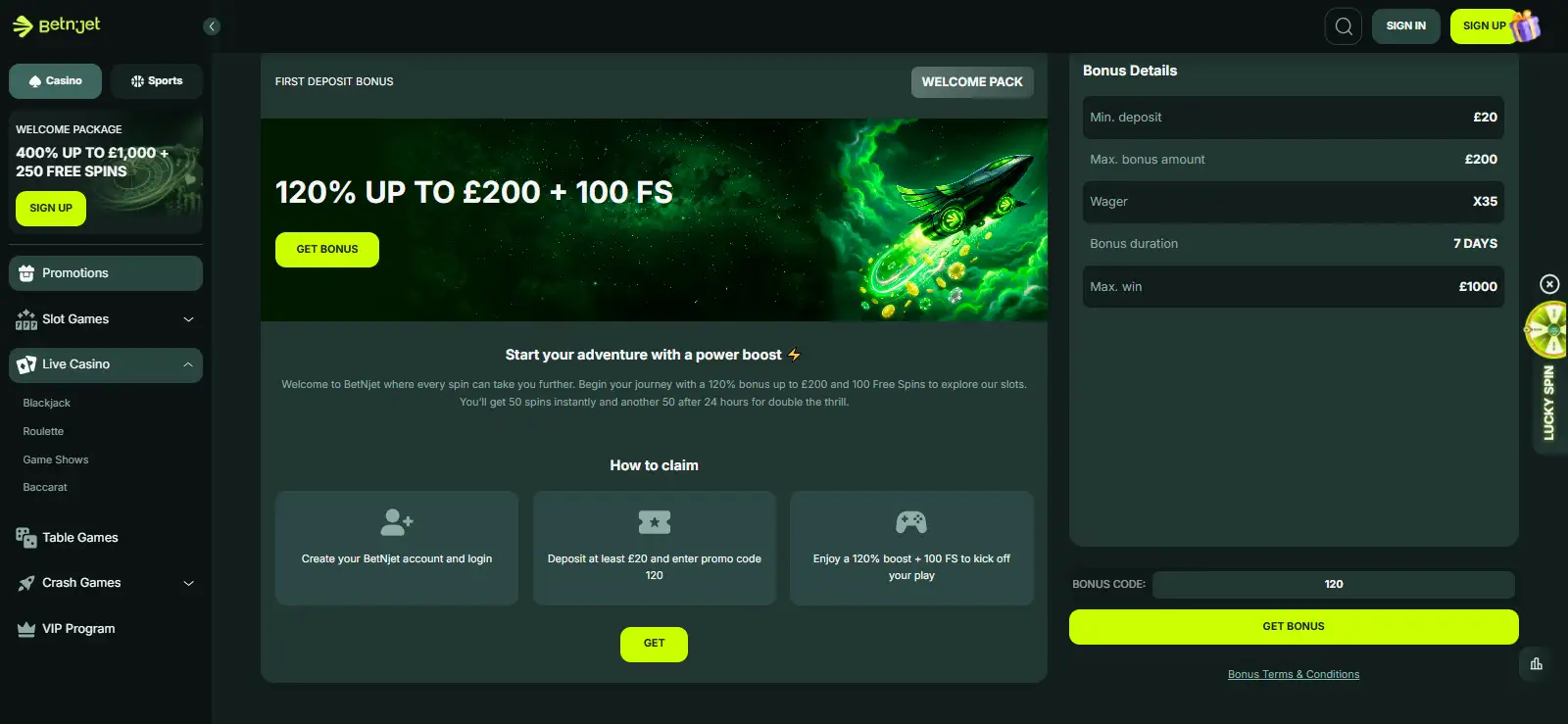 BetNjet first-deposit promotion showing the GBP match and free spins