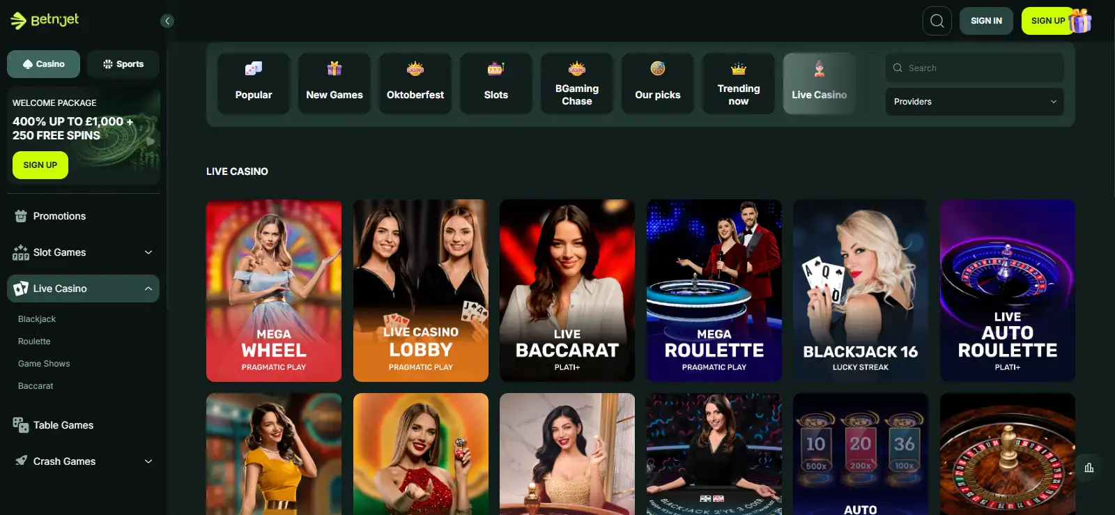 BetNjet live casino lobby showing Evolution and Pragmatic Play Live tables